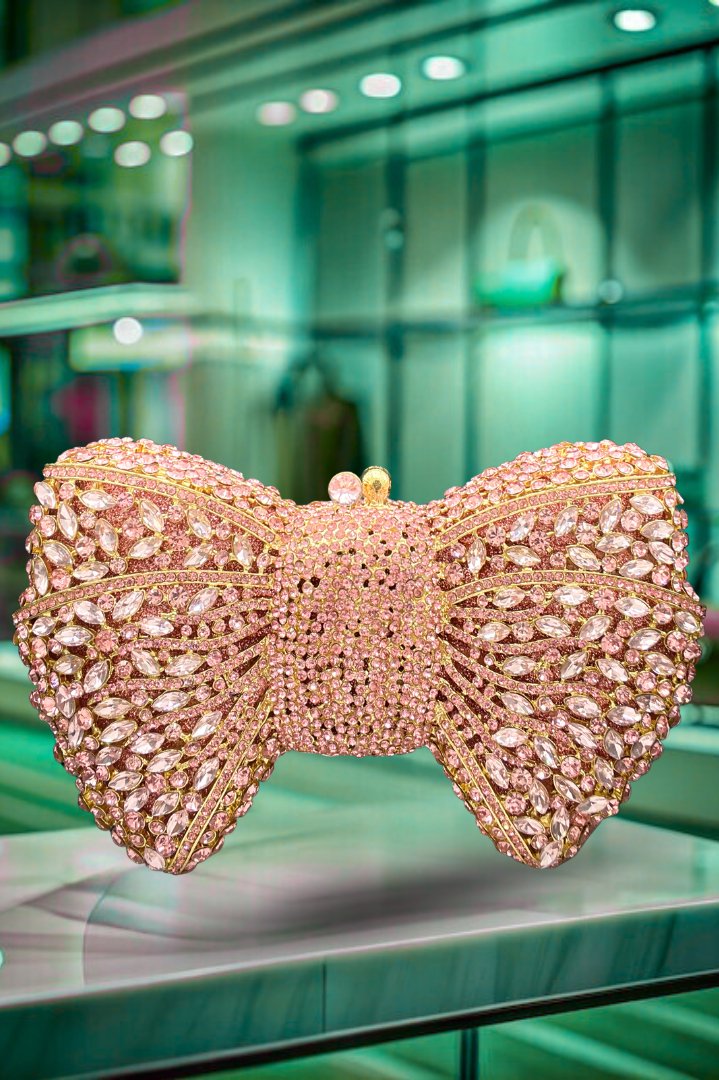 LA Reat's Bow Shape Crystal Evening Bag Rhinestone Clutch Purse