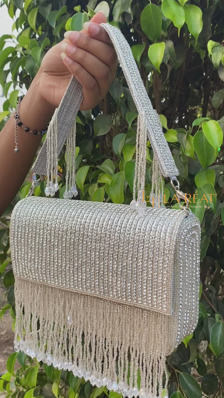 La Reat's Lucida Women's Bridal Fancy Party Hand Embroidery Clutch Purse, Silver