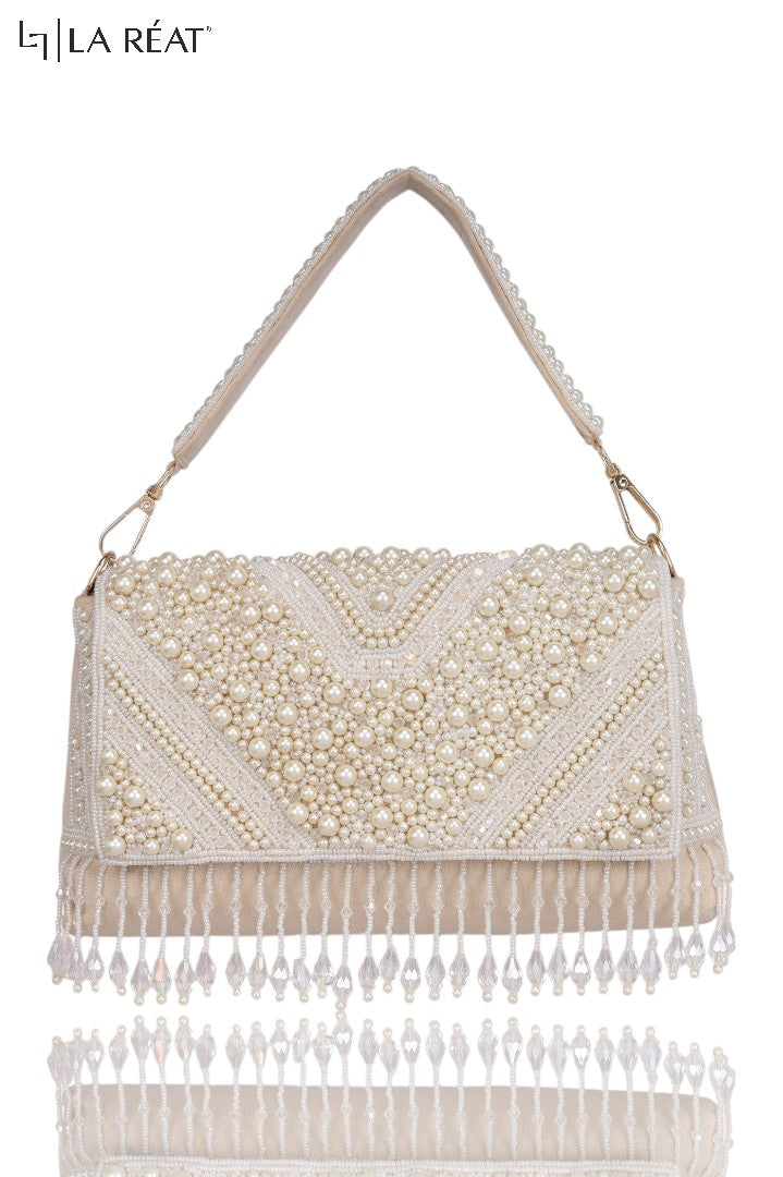 La Reat Divine Women's Bridal Fancy Party Hand Embroidery Clutch Purse in Beige