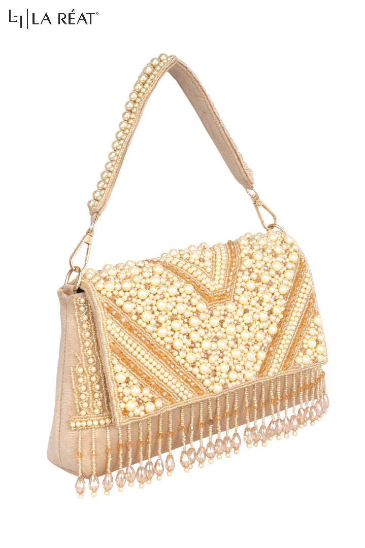 La Reat Divine Women's Bridal Fancy Party Hand Embroidery Clutch Purse in Gold