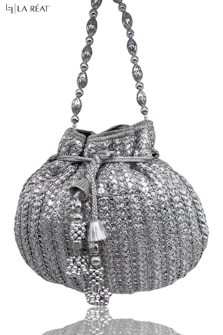 La Reat Bliss Bridal Hand Embroidery Silver Potli Bags