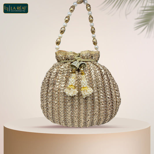 La Reat's Bliss Bridal Hand Embroidery Potli Bags in Gold