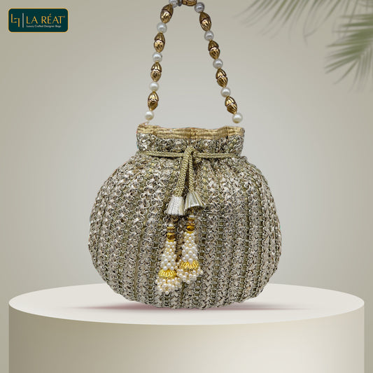 La Reat's Bliss Bridal Hand Embroidery Potli Bags in Silver