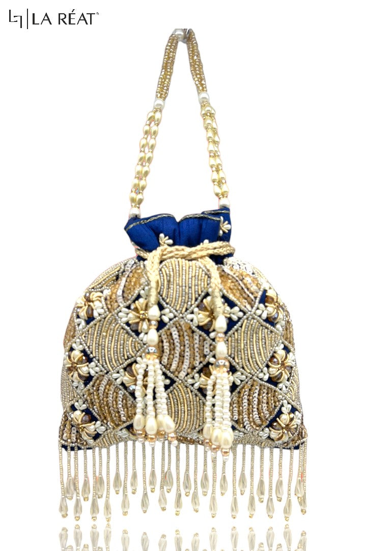 La Reat Charm Women's Blue Bridal Hand Embroidery Potli Bags in Blue