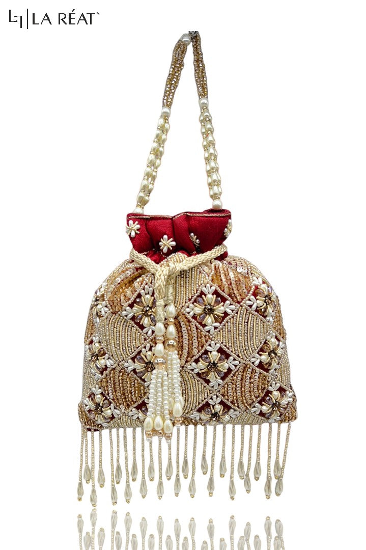 La Reat Charm Women's Bridal Fancy Party Hand Embroidery Potli Bags in Maroon