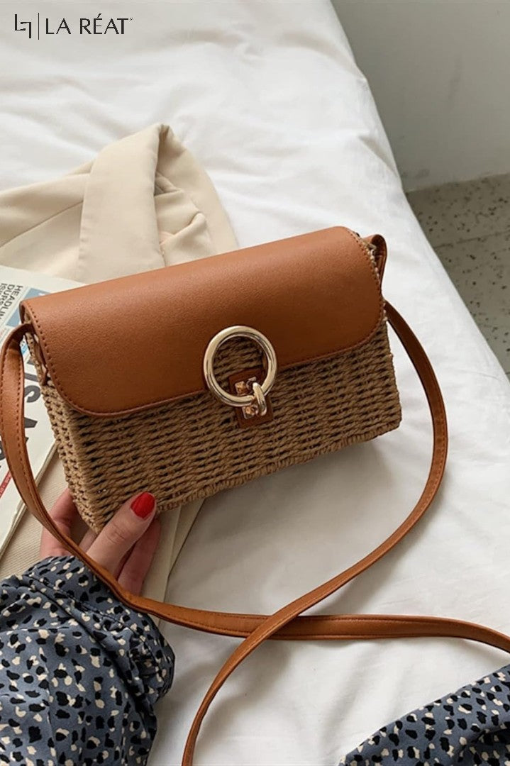 La Reat's Summer Splicing Straw Square Bag for Women Retro Small Shoulder Messenger Bag Fashion Rattan Crossbody Bag Travel Beach Bag