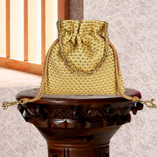 La Reat's Roxy Women's Bridal Fancy Party Hand Embroidery Potli Bags, Ladies Purse Wallets, Evening Clutches, Handbags.-Roxy-Gold