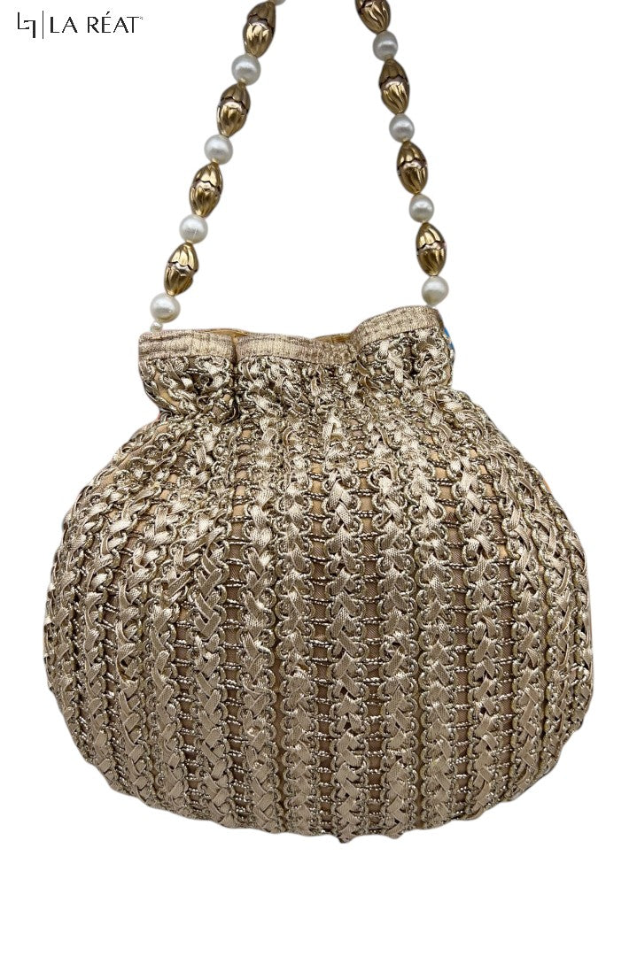 La Reat Bliss Bridal Hand Embroidery Gold Potli Bags Mate Gold