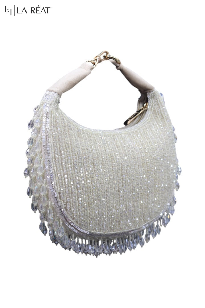 La Reat Glitz Women's Bridal Fancy Party Hand Embroidery Clutch Purse in Beige