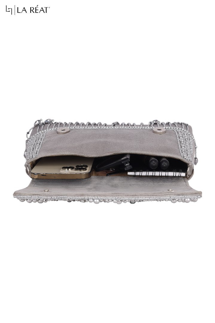 La Reat's Radiant Women's Bridal Fancy Party Hand Embroidery Clutch Purse, Grey