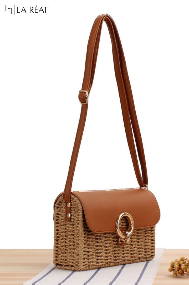 La Reat's Summer Splicing Straw Square Bag for Women Retro Small Shoulder Messenger Bag Fashion Rattan Crossbody Bag Travel Beach Bag