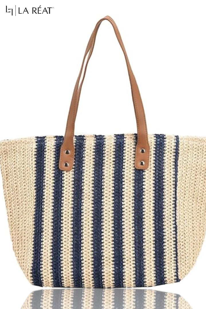 La Reat's Stripe Fashionable Casual Elegant Dual-Color Stripe Pattern Simple Shoulder Tote Woven Beach Bag