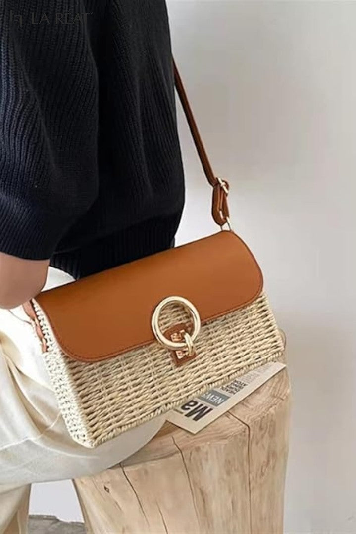 La Reat'sSummer Splicing Straw Square Bag for Women Retro Small Shoulder Messenger Bag Fashion Rattan Crossbody Bag Travel Beach Bag (Beige 22X7X14.5Cm)