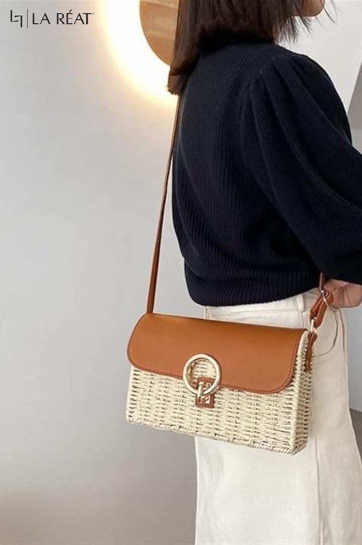 La Reat'sSummer Splicing Straw Square Bag for Women Retro Small Shoulder Messenger Bag Fashion Rattan Crossbody Bag Travel Beach Bag (Beige 22X7X14.5Cm)