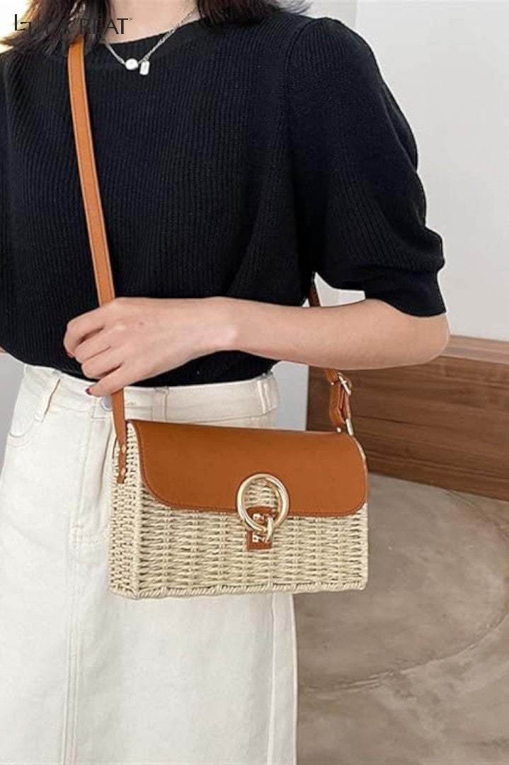 La Reat'sSummer Splicing Straw Square Bag for Women Retro Small Shoulder Messenger Bag Fashion Rattan Crossbody Bag Travel Beach Bag (Beige 22X7X14.5Cm)