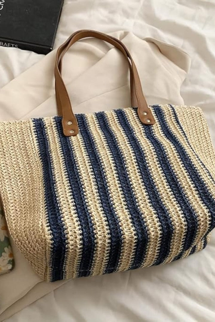 La Reat's Stripe Fashionable Casual Elegant Dual-Color Stripe Pattern Simple Shoulder Tote Woven Beach Bag