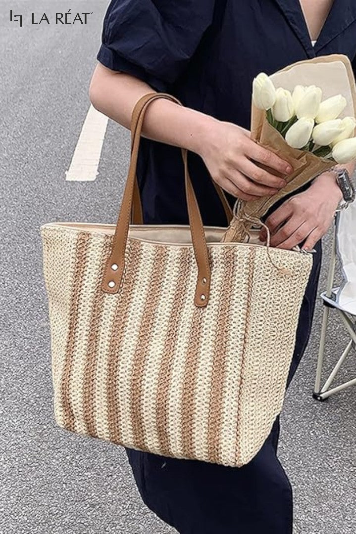 La Reat's Stripe Fashionable Casual Elegant Dual-Color Stripe Pattern Simple Shoulder Tote Woven Beach Bag