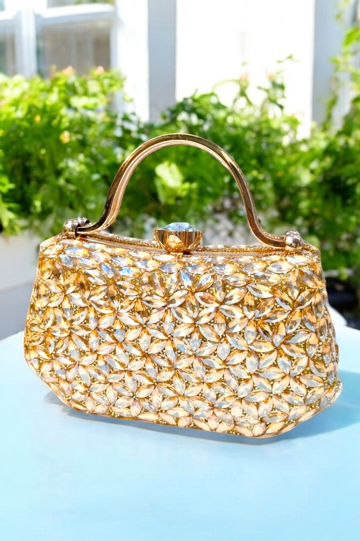 La Reat's Dazzle Women's Bridal Fancy Party Hand Embroidery Frame Clutch Purse, Ladies Purse Wallets, Evening Clutches, Handbags. Potli Bags - GOLD