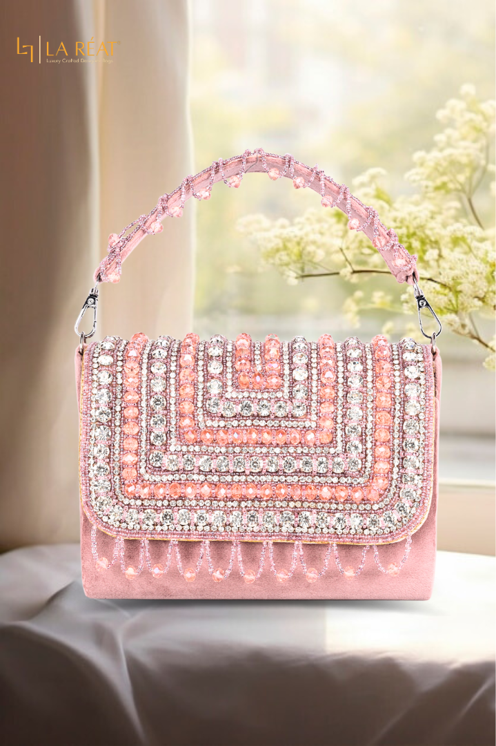 La Reat Glamour Women's Bridal Fancy Party Hand Embroidery Clutch Purse in Pink