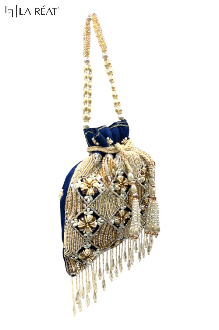 La Reat Charm Women's Blue Bridal Hand Embroidery Potli Bags in Blue