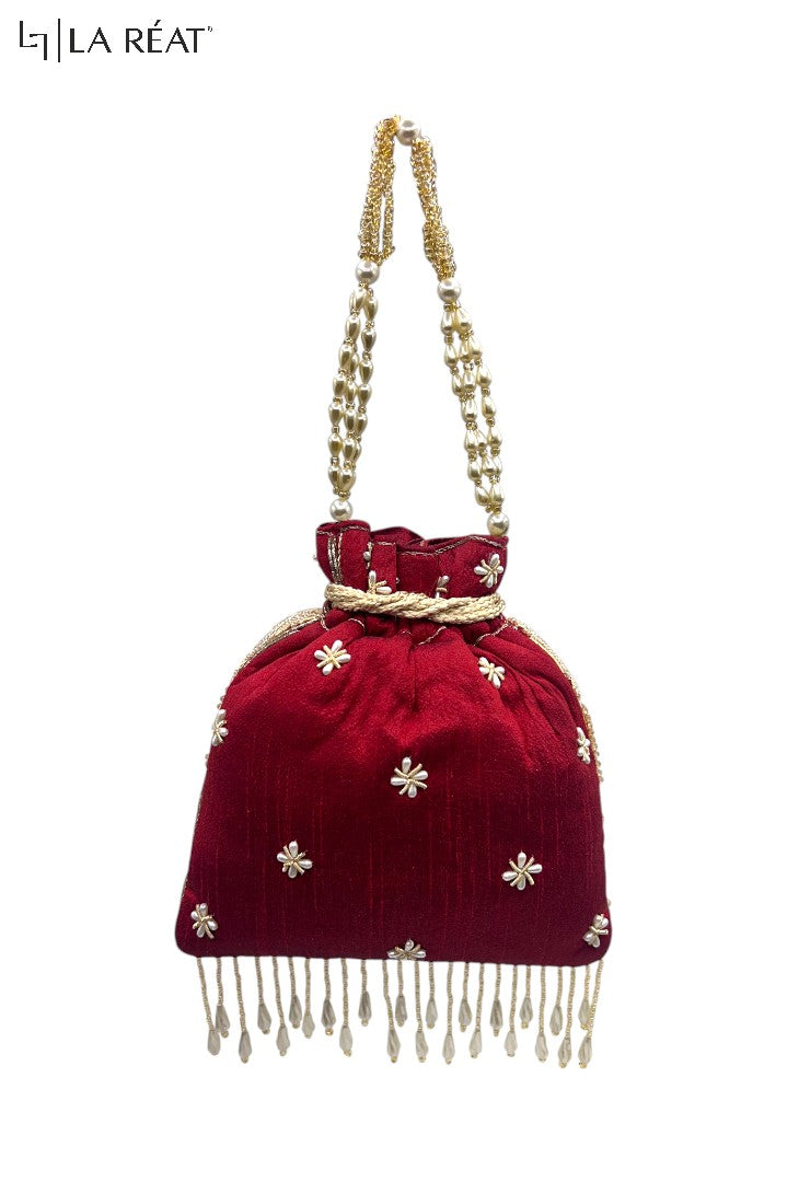 La Reat Charm Women's Bridal Fancy Party Hand Embroidery Potli Bags in Maroon