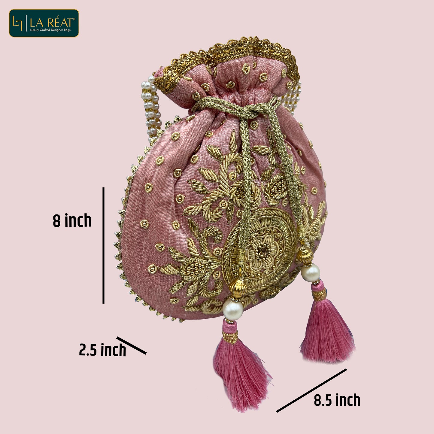 La Reat's Kora Women's Bridal Fancy Party Hand Embroidery Potli Bags, Ladies Purse Wallets, Evening Clutches, Handbags.-Kora-Rose Gold