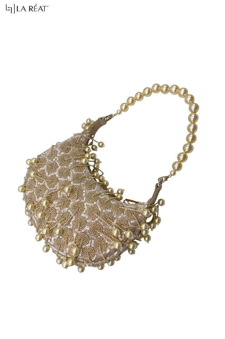 La Reat's Pearl: Women's Bridal Fancy Party Hand Embroidery Clutch Purse, Gold