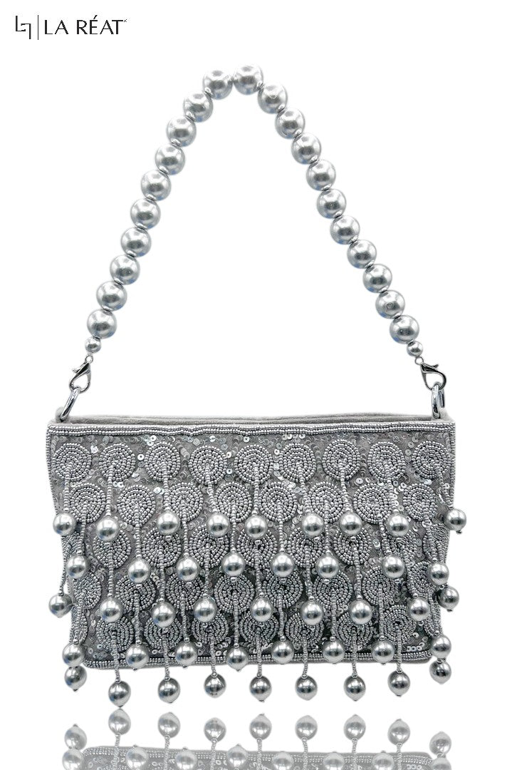 La Reat's Glossy: Women's Bridal Fancy Party Hand Embroidery Silver Clutch Purse