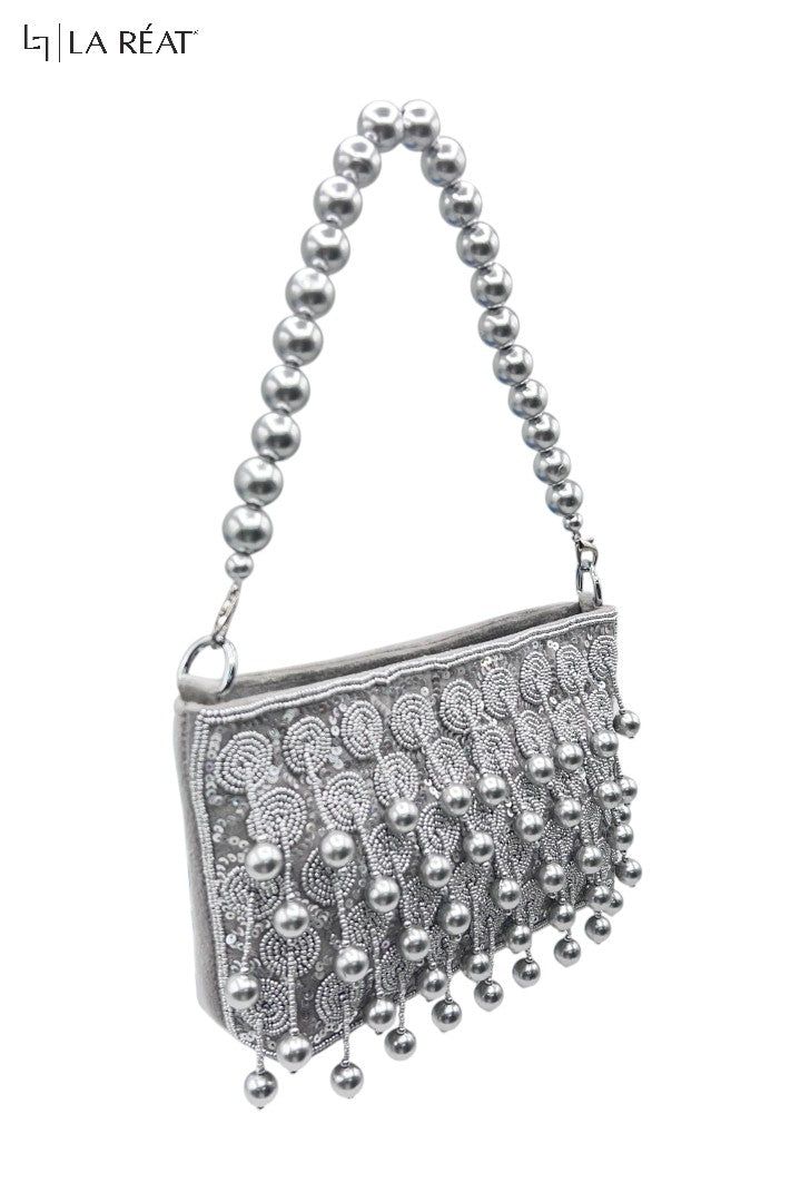 La Reat's Glossy: Women's Bridal Fancy Party Hand Embroidery Silver Clutch Purse