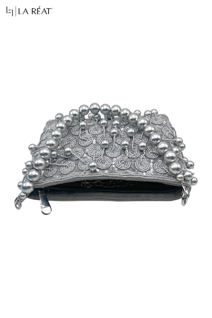 La Reat's Glossy: Women's Bridal Fancy Party Hand Embroidery Silver Clutch Purse