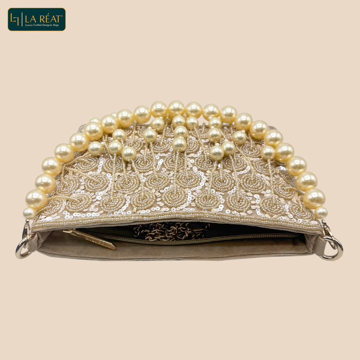 La Reat's Glossy: Women's Bridal Fancy Party Hand Embroidery Gold Clutch Purse