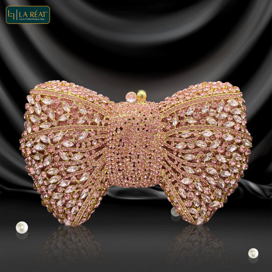 LA Reat's Bow Shape Crystal Evening Bag - Rhinestone Clutch, Luxury Gold Purse