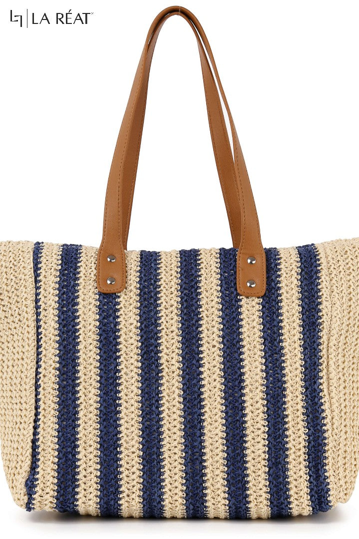 La Reat's Stripe Fashionable Casual Elegant Dual-Color Stripe Pattern Simple Shoulder Tote Woven Beach Bag