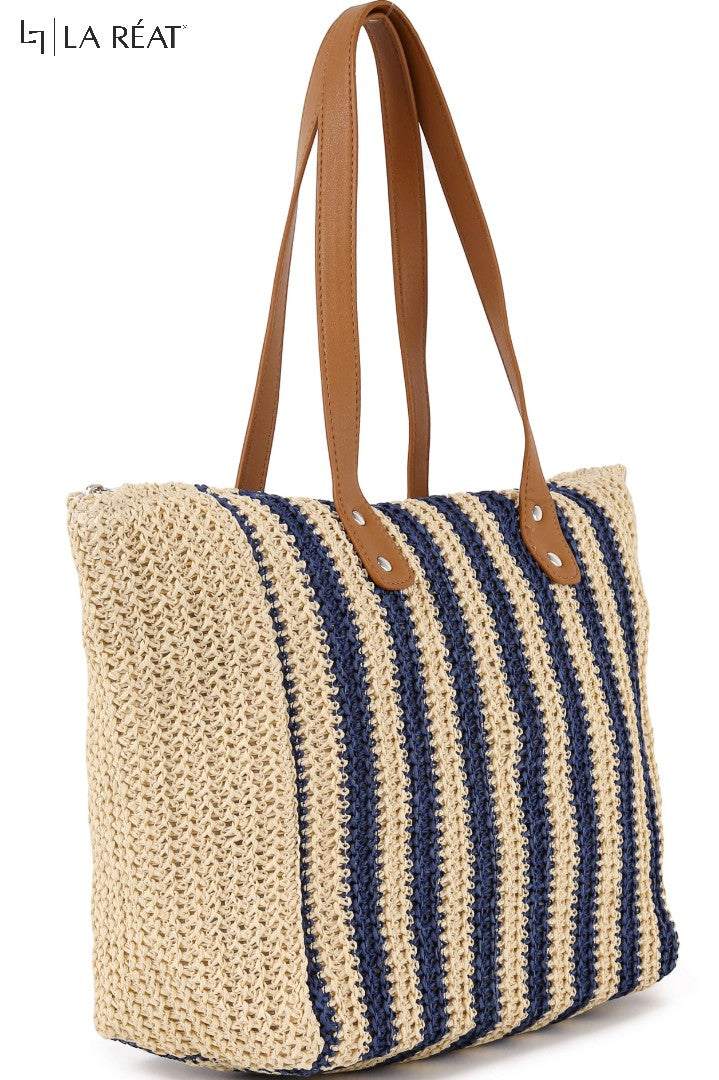 La Reat's Stripe Fashionable Casual Elegant Dual-Color Stripe Pattern Simple Shoulder Tote Woven Beach Bag