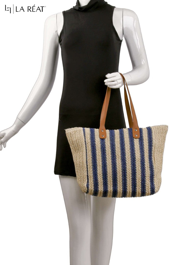 La Reat's Stripe Fashionable Casual Elegant Dual-Color Stripe Pattern Simple Shoulder Tote Woven Beach Bag