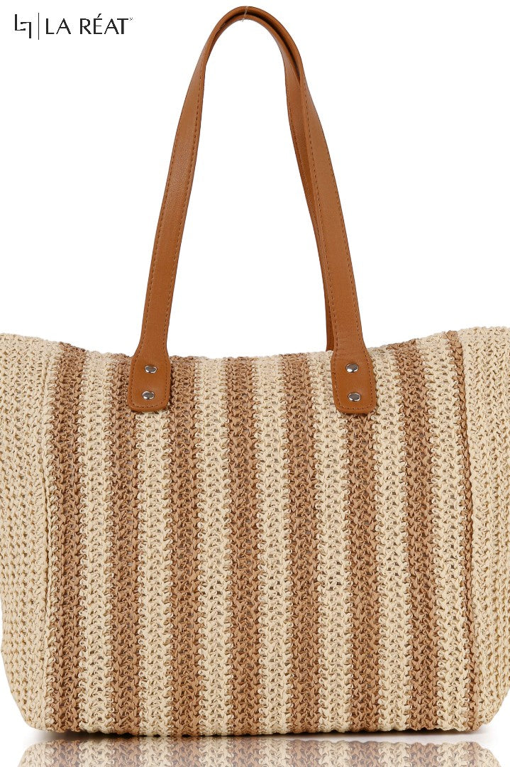 La Reat's Stripe Fashionable Casual Elegant Dual-Color Stripe Pattern Simple Shoulder Tote Woven Beach Bag