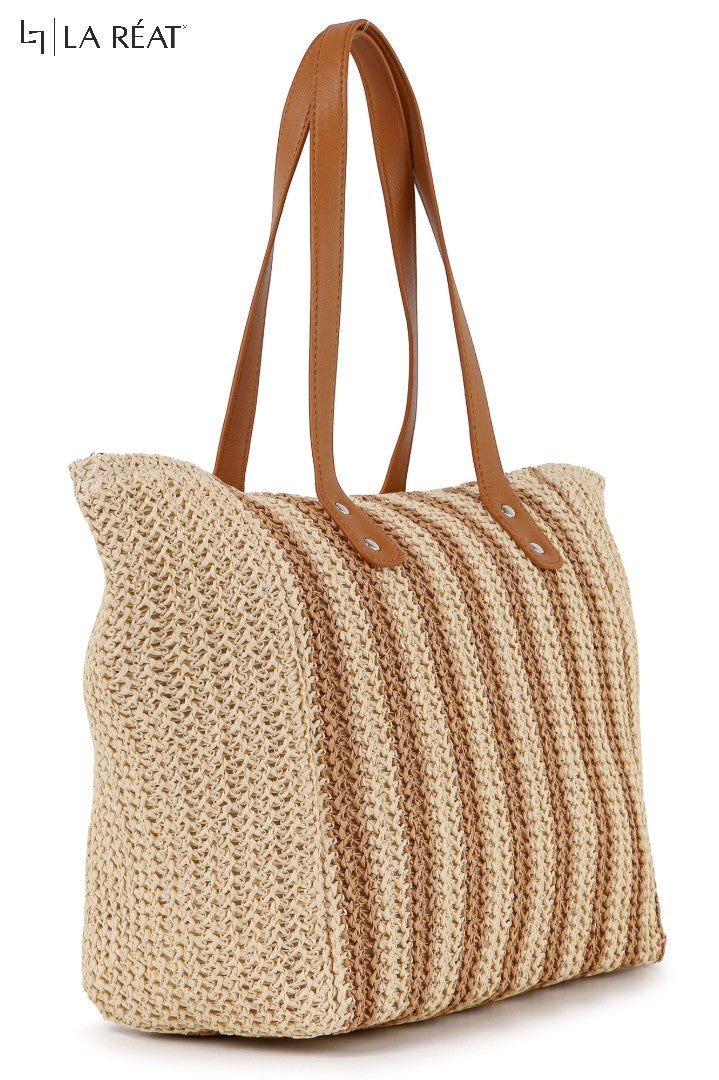 La Reat's Stripe Fashionable Casual Elegant Dual-Color Stripe Pattern Simple Shoulder Tote Woven Beach Bag