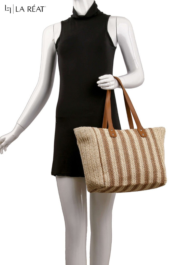 La Reat's Stripe Fashionable Casual Elegant Dual-Color Stripe Pattern Simple Shoulder Tote Woven Beach Bag