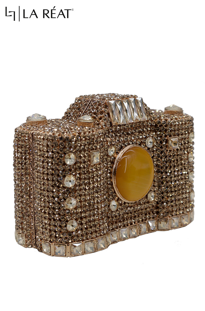 LA Reat Camera Shape Crystal Evening Bag Rhinestone Clutches Bags Luxury Design Gold Purse Wedding Bridal Handbags Party