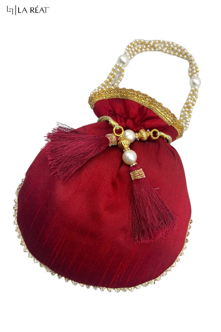 La Reat Kora Women's Bridal Fancy Party Hand Embroidery Potli Bags in Maroon