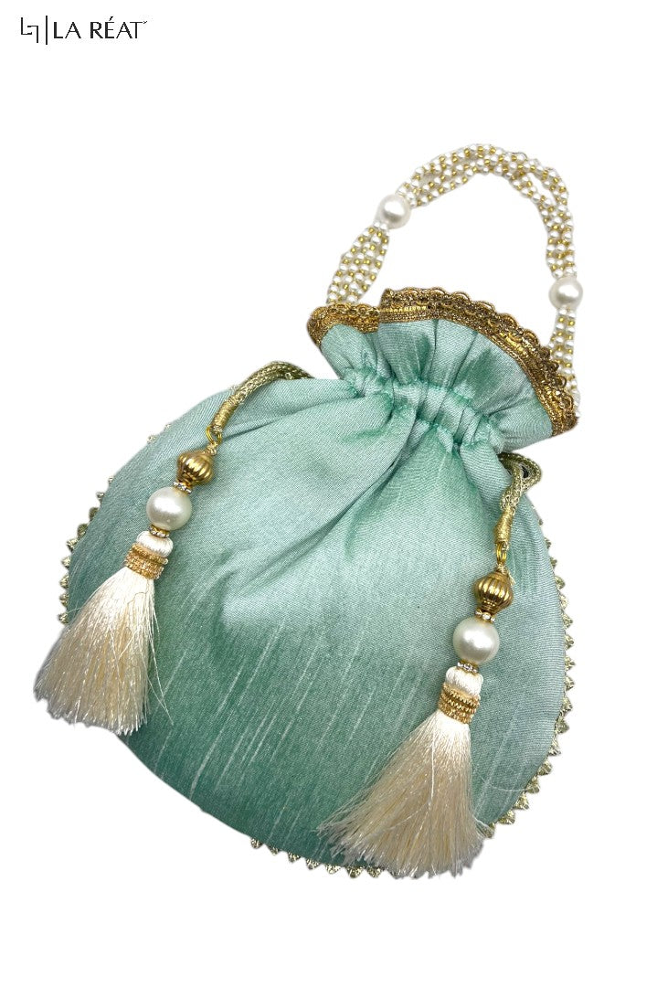 La Reat Kora Women's Bridal Fancy Party Hand Embroidery Potli Bags in Mint