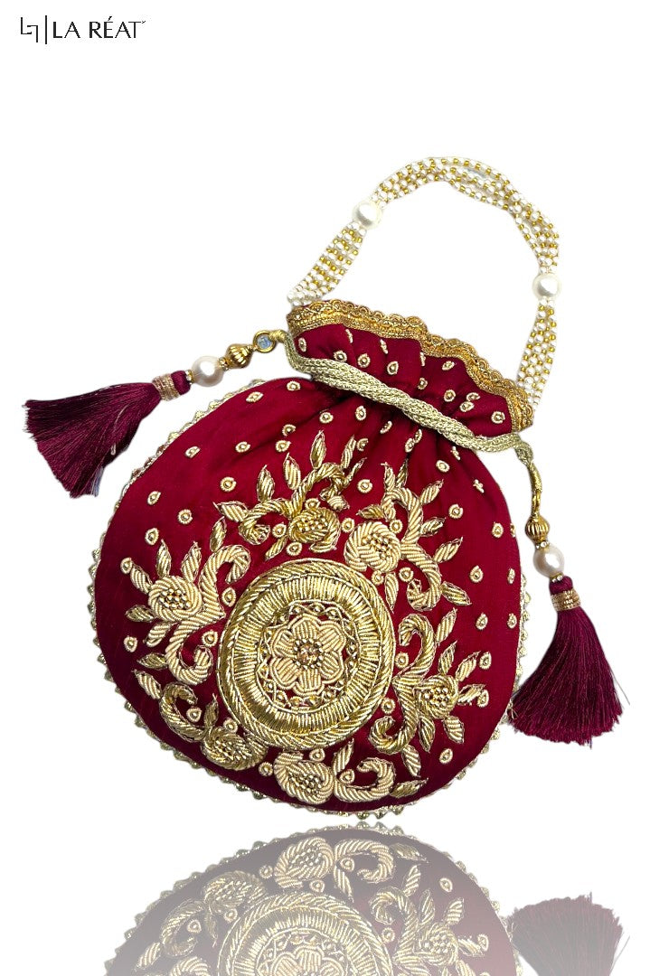 La Reat Kora Women's Bridal Fancy Party Hand Embroidery Potli Bags in Maroon