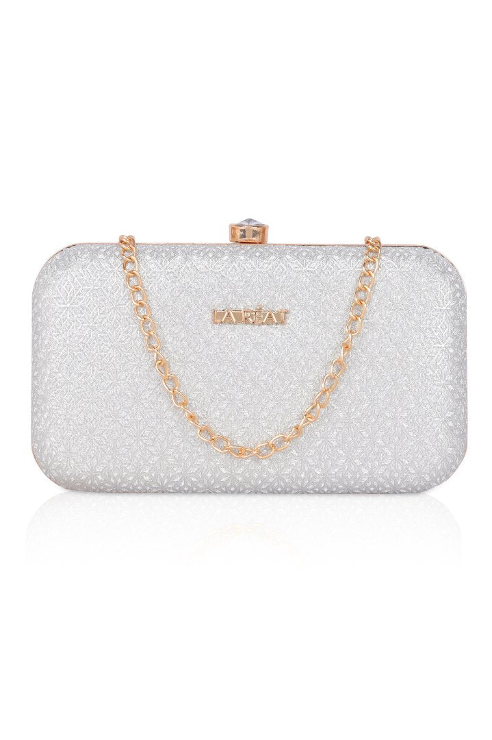 #product_La Reat Floral Women's Oval Box Clutch Purse in Silver - LA RÉAT