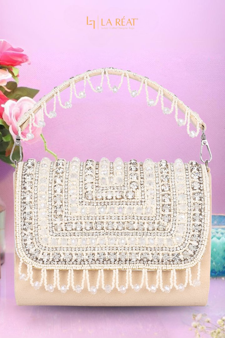 #product_La Reat Glamour Women's Bridal Fancy Party Hand Embroidery Clutch Purse in Beige - LA RÉAT