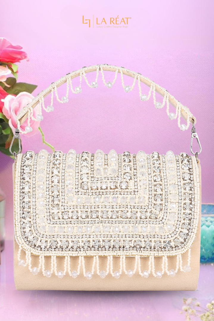 La Reat Glamour Women's Bridal Fancy Party Hand Embroidery Clutch Purse in Beige