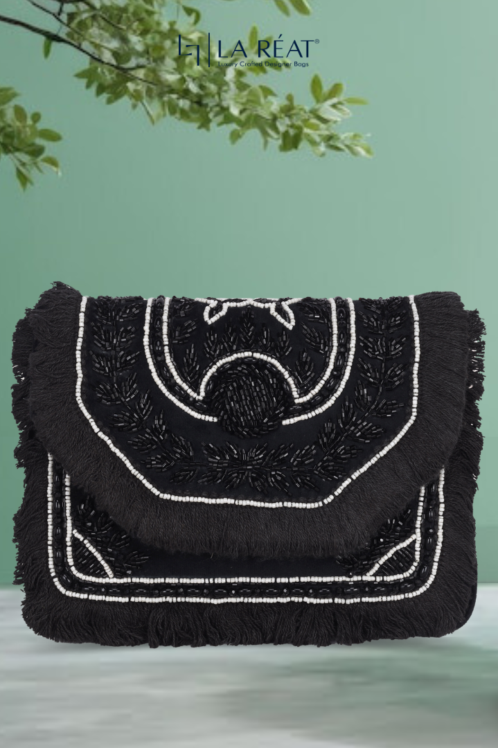 La Reat's Blossom Women's Boho Hand Embroidery Clutch Bag in Black