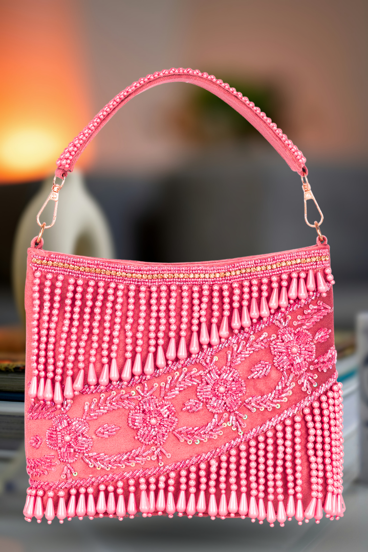 La Reat's Mystic Women's Bridal Fancy Party Hand Embroidery Pink Clutch Purse