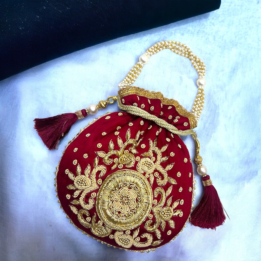 #product_La Reat Kora Women's Bridal Fancy Party Hand Embroidery Potli Bags in Maroon - La Reat
