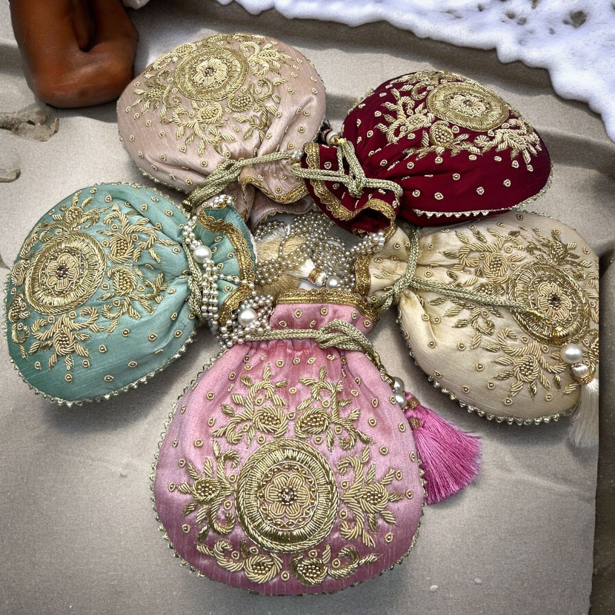 #product_La Reat Kora Women's Bridal Fancy Party Hand Embroidery Potli Bags in Maroon - La Reat