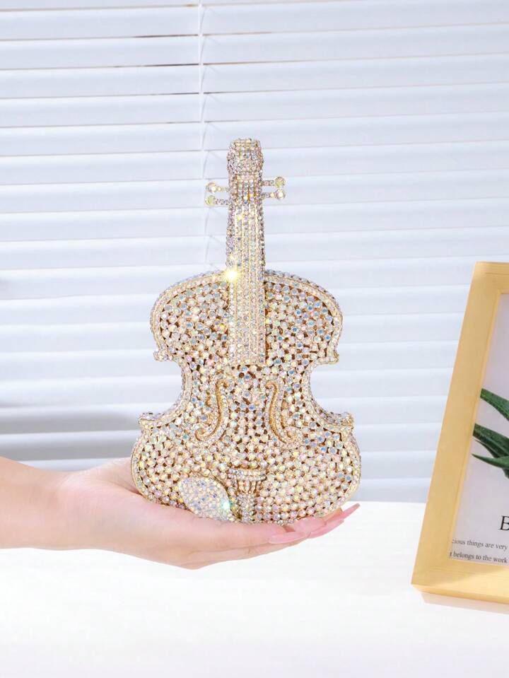 LA Reat Guitar Shape Crystal Evening Bag Rhinestone Clutches Bags Luxury Design Gold Purse Wedding Bridal Handbags Party